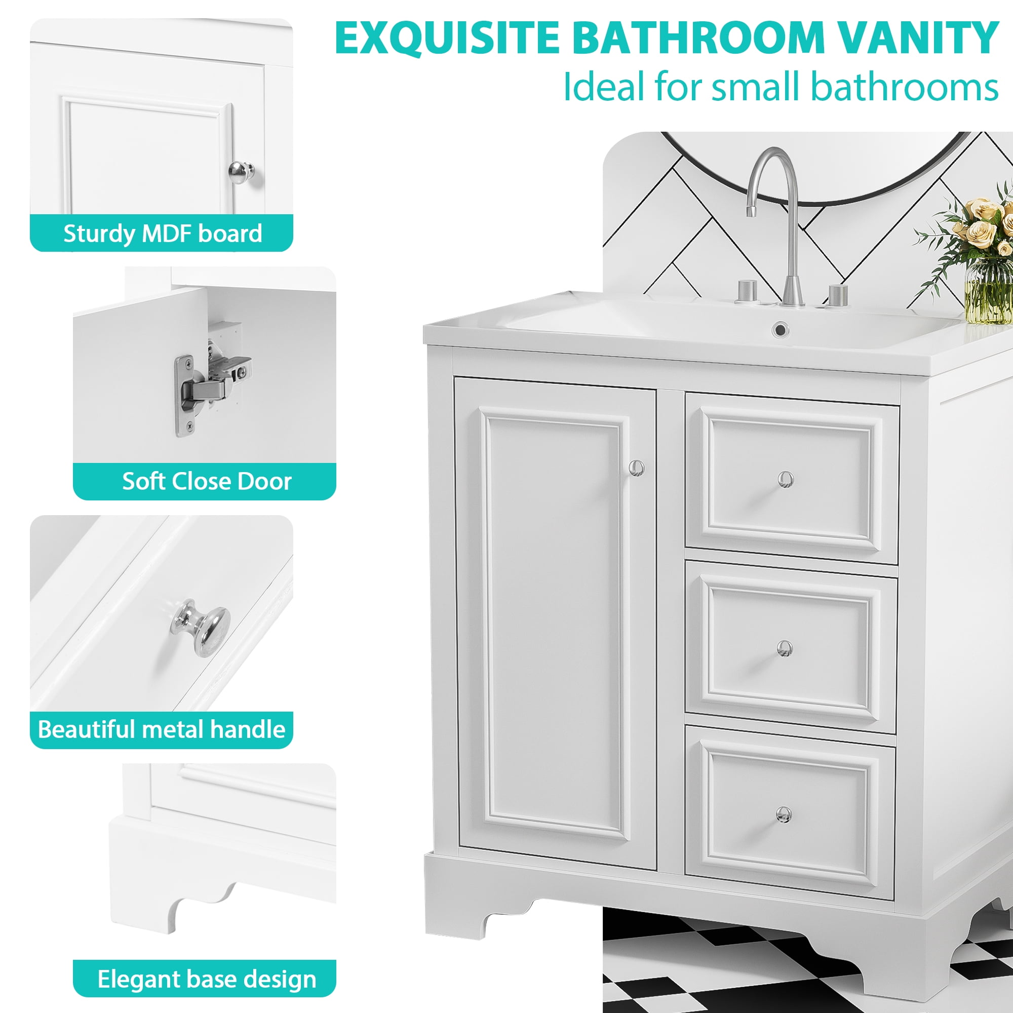 Euroco 30-Inch Bathroom Vanity with Ceramic Sink, 3 Soft-Close Drawers, Adjustable Shelf, Overflow Drain, Solid Wood Frame