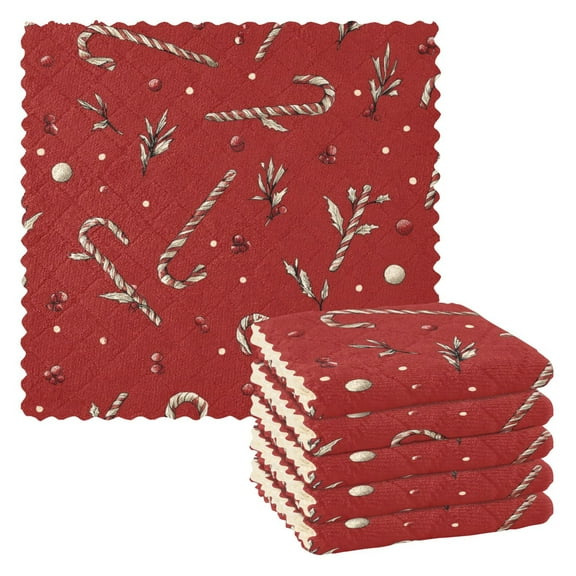 6 Pieces of Kitchen Towels 11x11Inch Kitchen Dish Cloths Kitchen Dish Towels Reuseable Cleaning Cloths Red Christmas Candy Cane