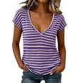 thumbnail image 3 of Feancey Pajama Tops for Women Deep V Neck Striped Casual T-Shirts Cotton Short Sleeve Lightweight Tees Cozy Soft Summer Basic Tee Top Purple XL, 3 of 8
