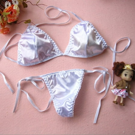 

Womens Satin Silk Thong Underwear Bra Panties T-back Lace Up Lingerie