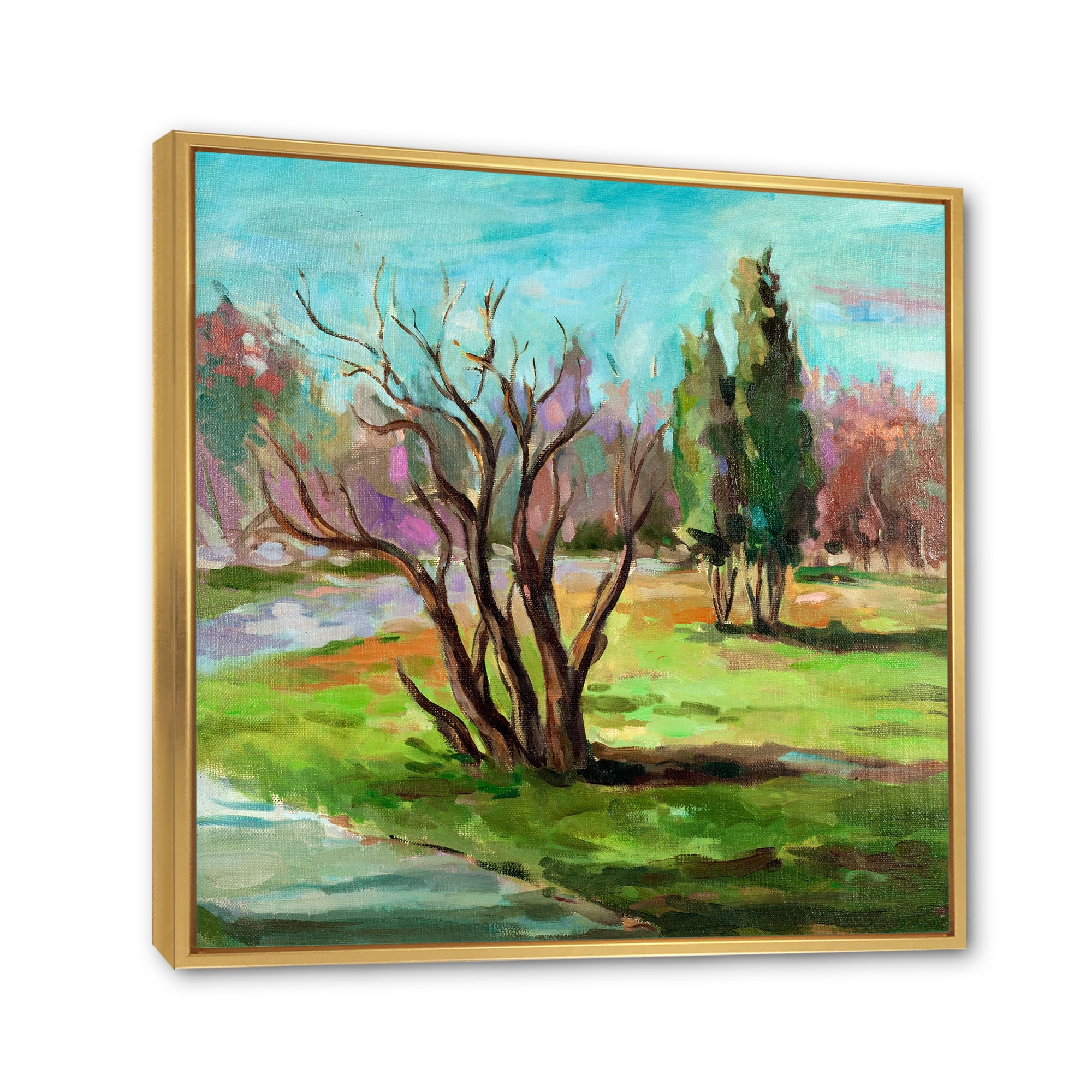 Designart 'Two Distant Trees In A Vibrant Green Landscape' Traditional Framed Canvas Wall Art Print