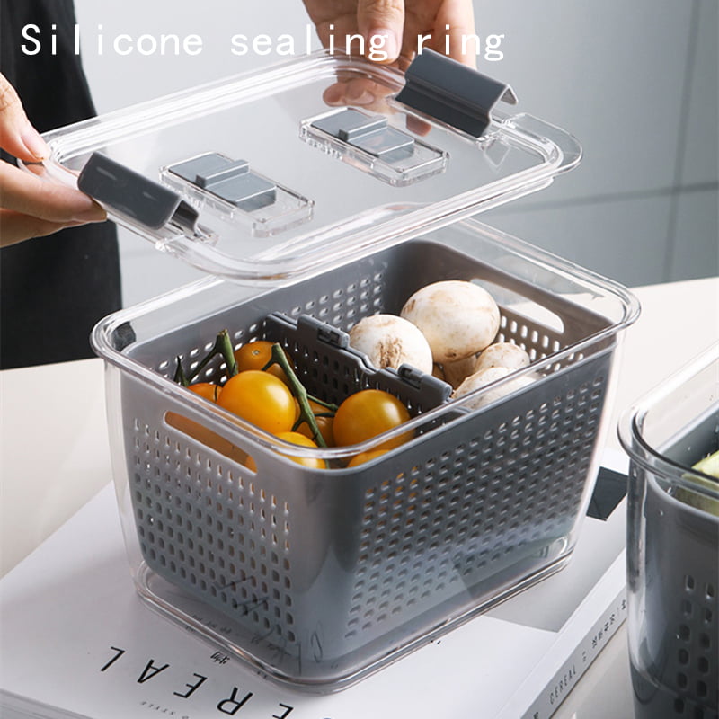 Fruit Collecting Box Basket with Removable Drain Plates and Lids for Storing Fish/Meat/Vegetables/Egg Fridge Drawer Storage JRing Kitchen Refrigerator Space Saver Organizer Large - 2 Pack 