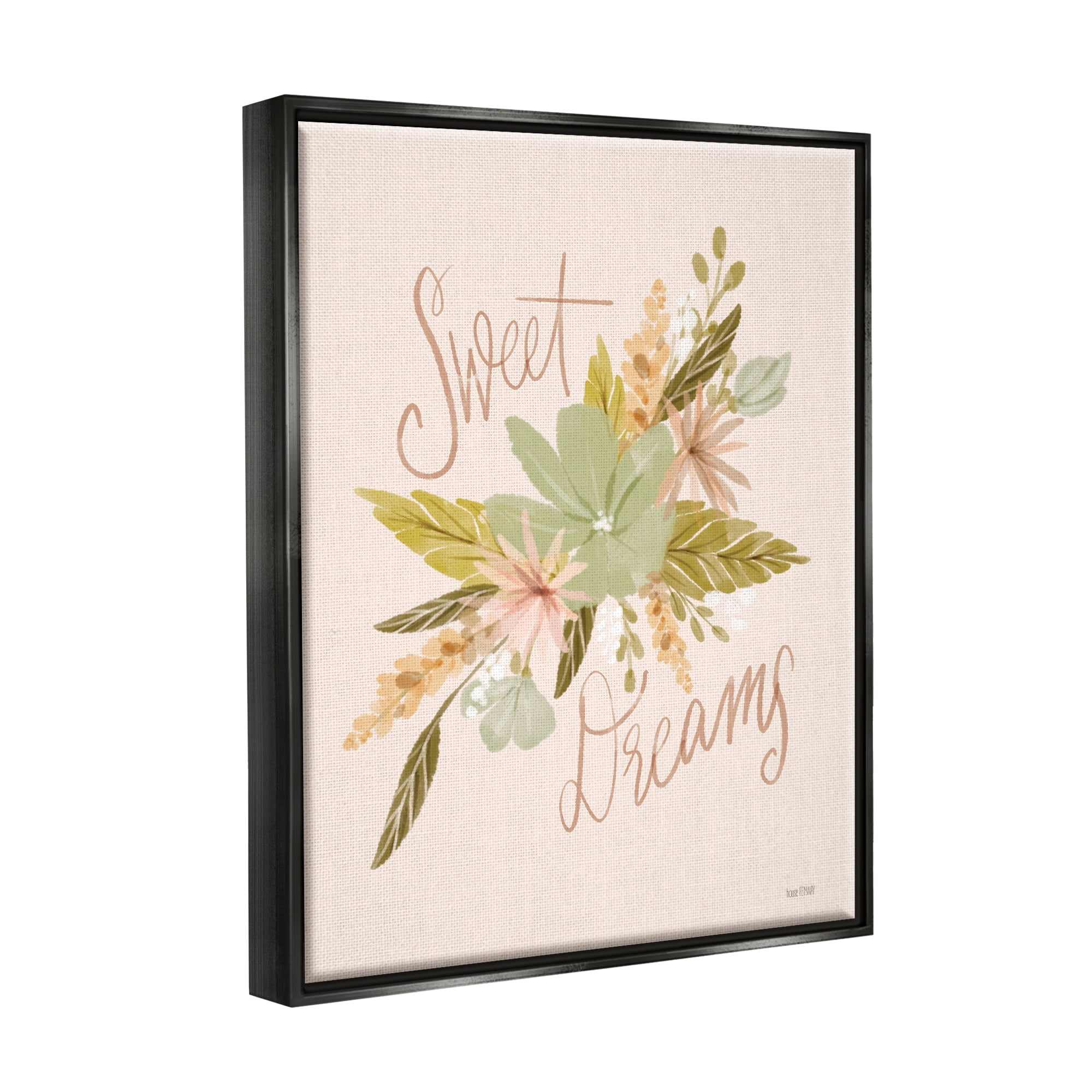 Stupell Industries Sweet Dreams Floral Phrase Botanical & Floral Painting Black Floater Framed Art Print Wall Art, 17 x 21