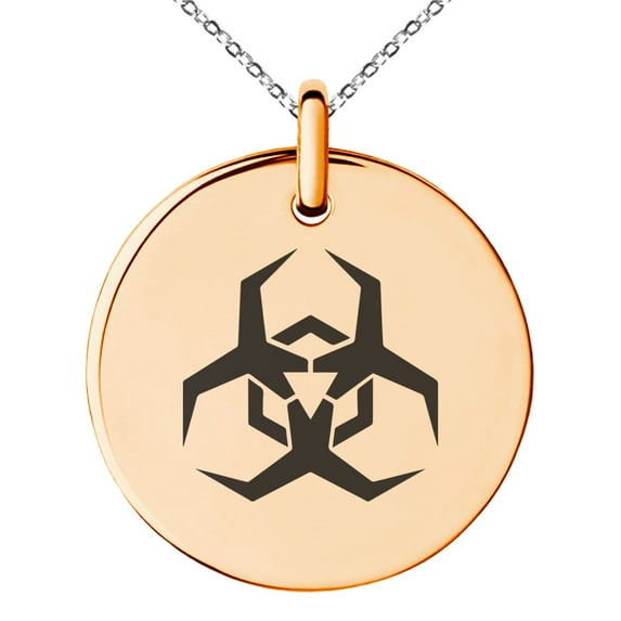 Stainless Steel Biohazard Malware Engraved Small Medallion Circle Charm Pendant Necklace