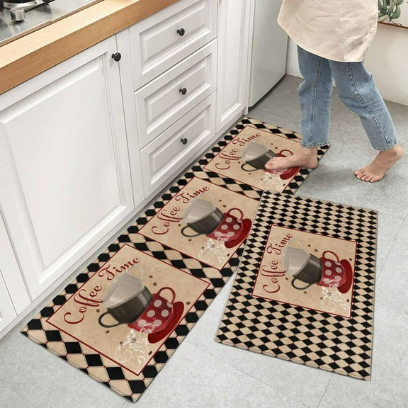 Kitchen Runner Rug and Mats Set of 2, Vintage Coffee Cup Beans Texts Non Slip Rugs Standing Floor Doormats for Bathroom Living Room Entryway Indoor Decor Black Check Border