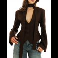 thumbnail image 3 of Chaqueta de Traje de Larga para Mujer, Color Liso, Cuello en V, Corte Entallado y Hombreras Marrón M, 3 of 10