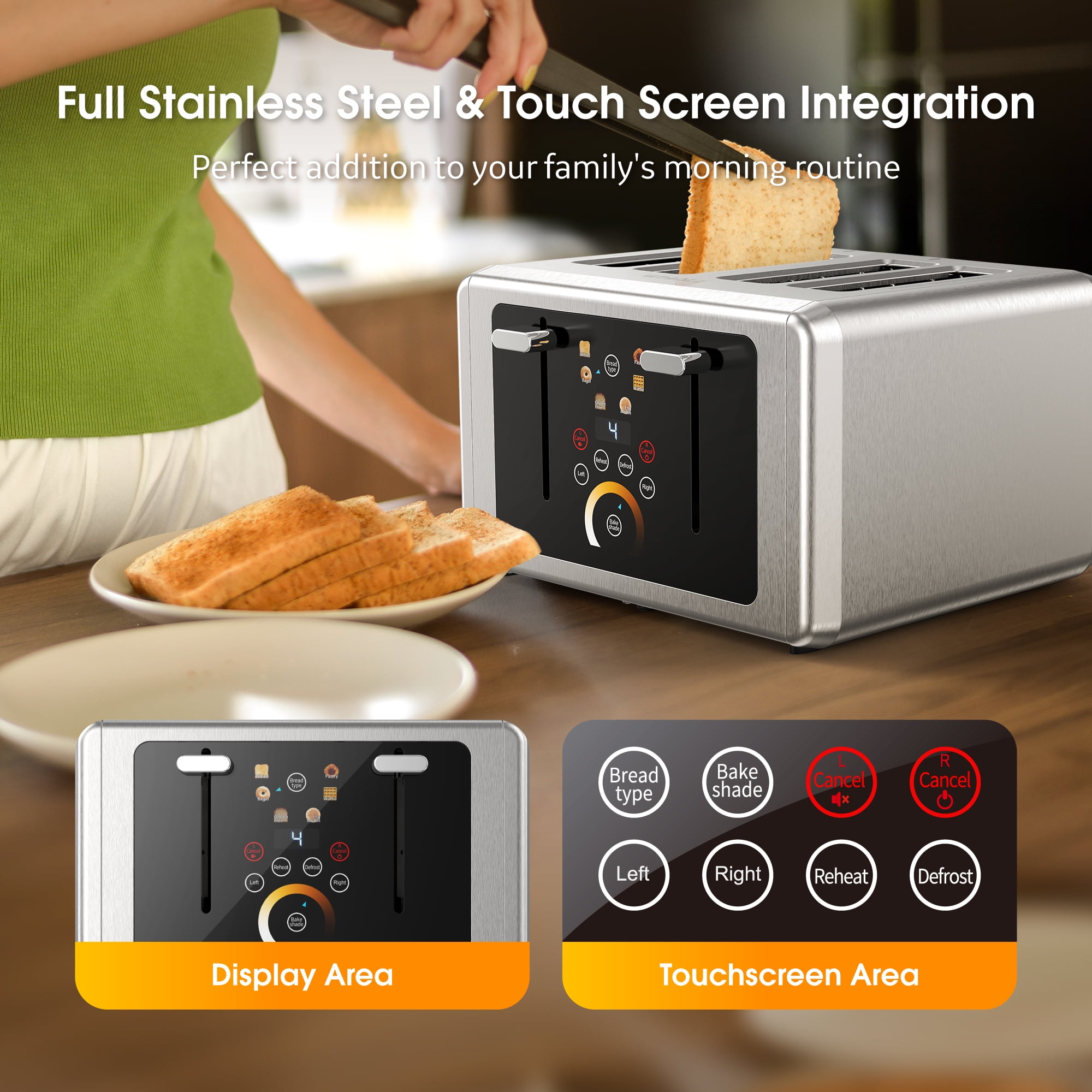 WHALLULTRA Touchscreen Toaster 4 Slice - Stainless Steel Toaster, 6 Shade Settings, Extra Wide Slots Toaster
