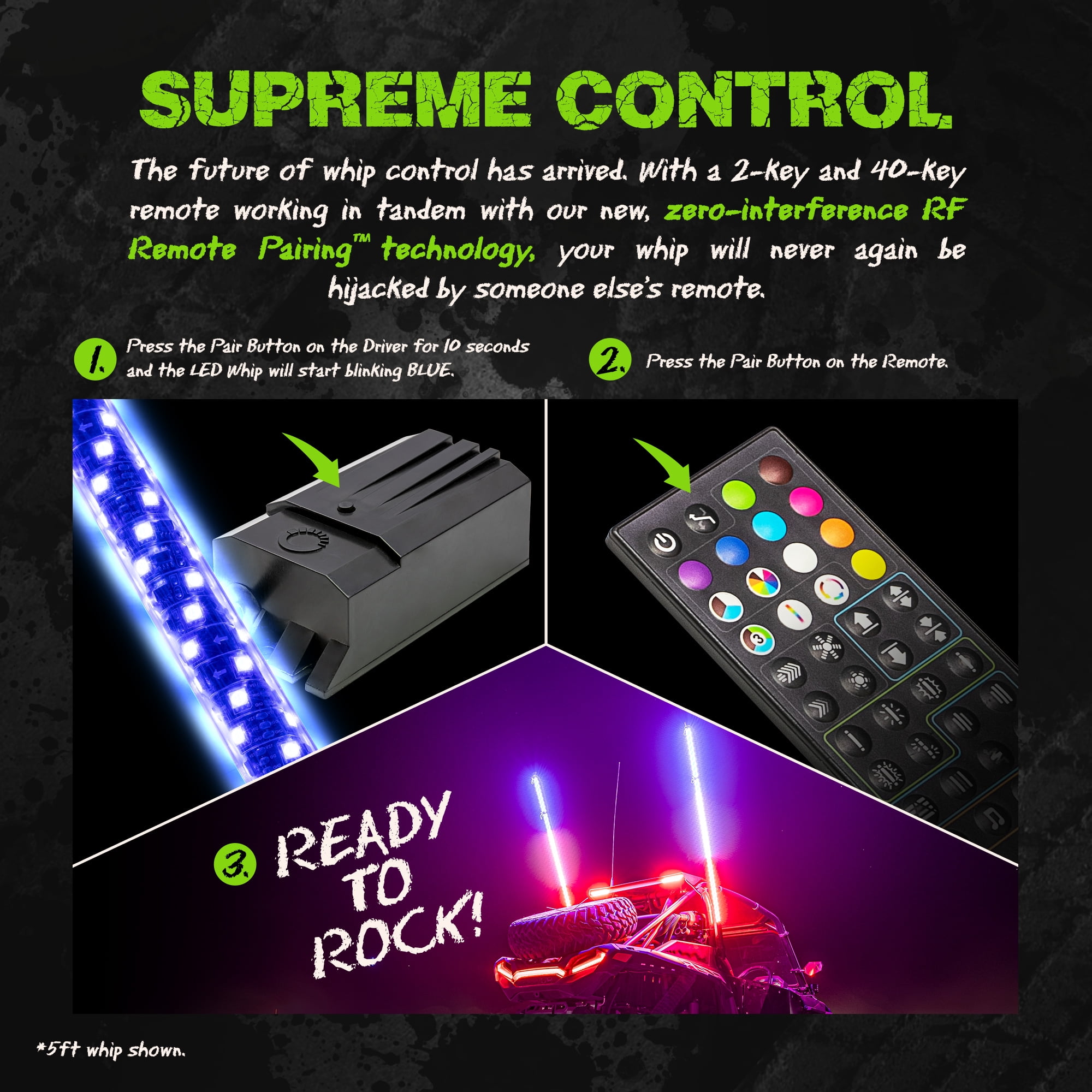 2pc 5ft Spiral LED Whip Lights for UTV ATV [RF Remote Pairin] [Dynamic LED Control] [Brake-On-Whip] [2-Layer PVC] LED Lighted Whips Antenna for RZR Can-Am Polaris UTV ATV Accessories