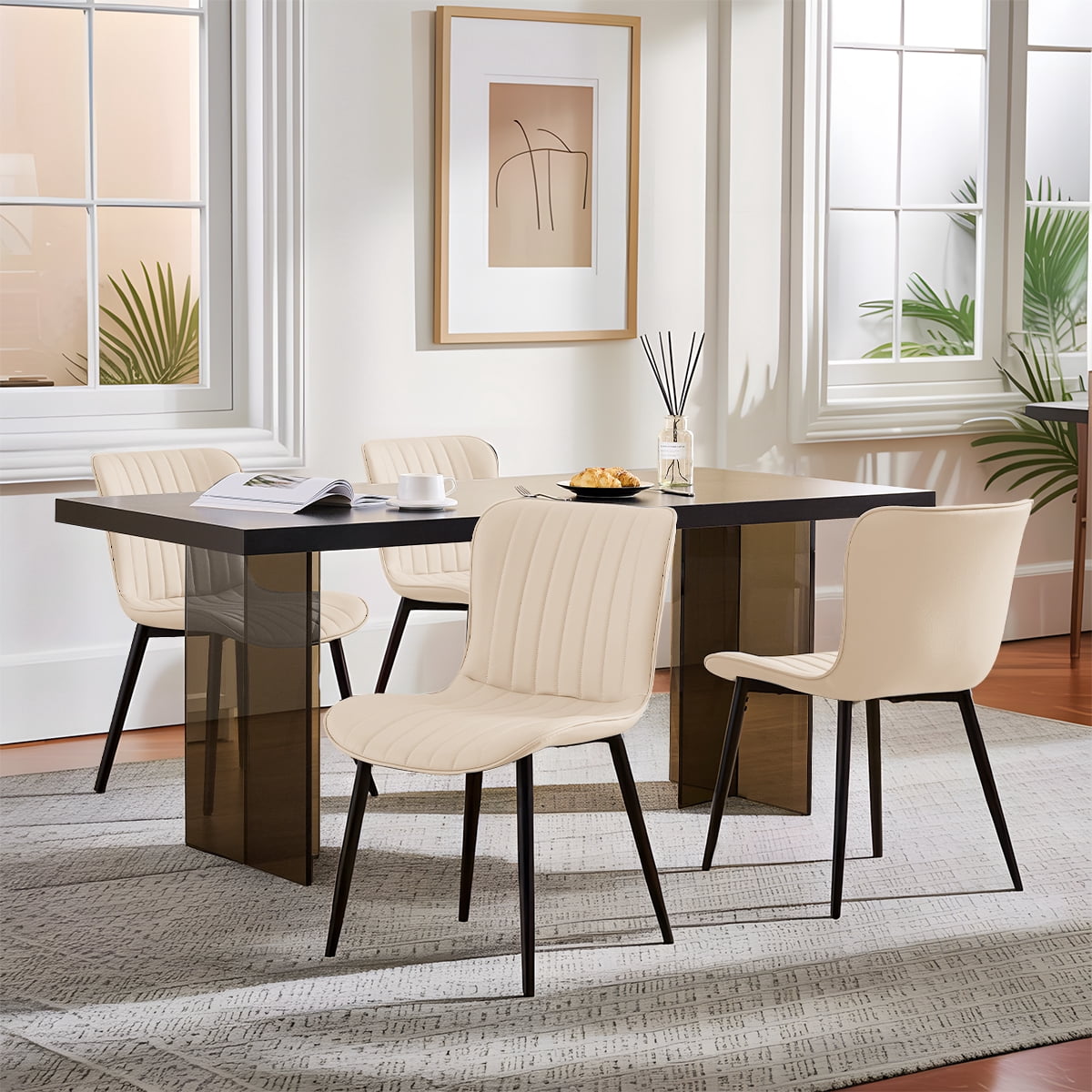 Modern Dining Chairs Set of 4, PU Leather Upholstered Kitchen Side Chairs with High Backrest, Heavy Duty, Cushions & Durable Metal Legs with Adjustable Feet for Kitchen, Dining Room,Restaurant,Beige