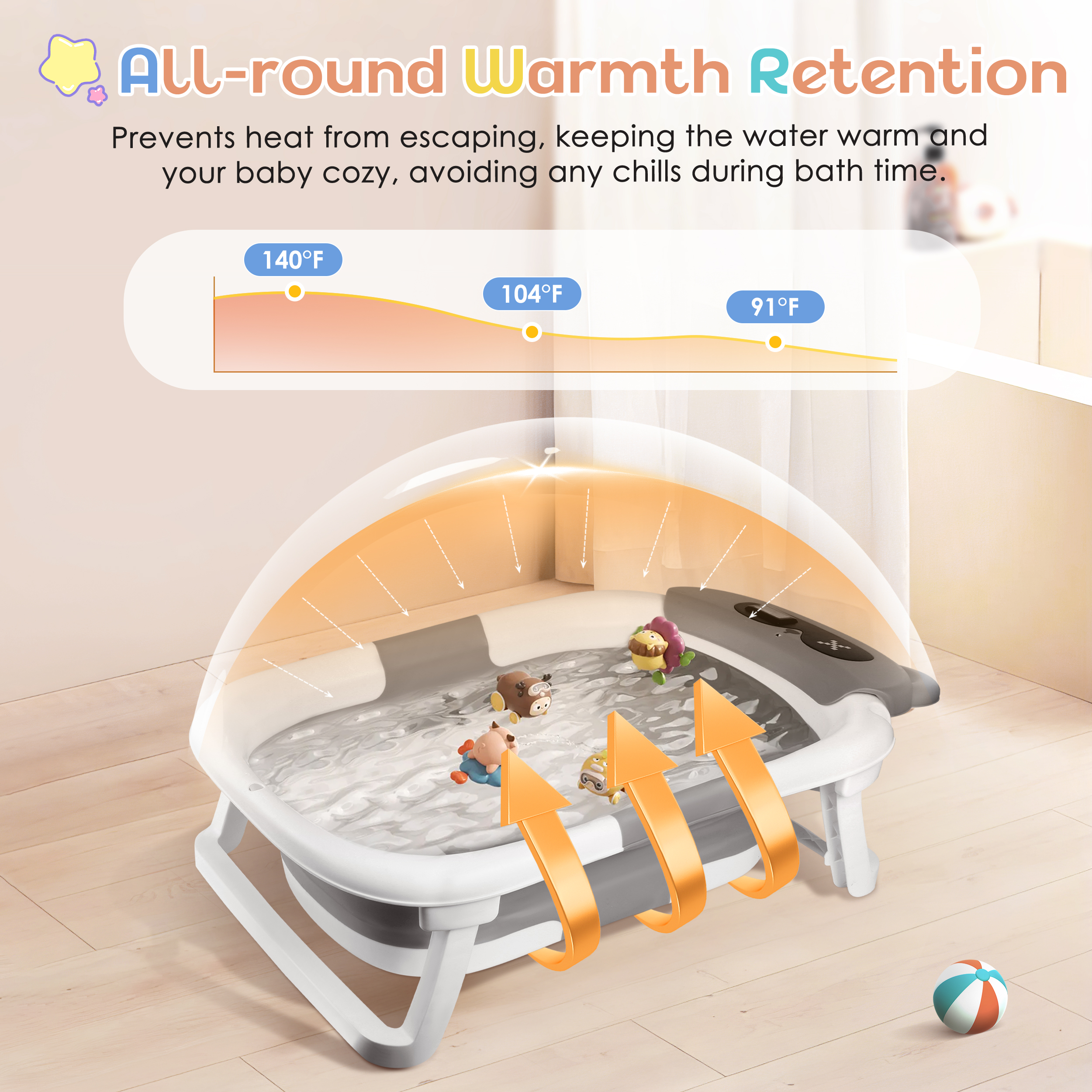 Doulami Collapsible Baby Bathtub, 0-36 Months with Cushion & Thermometer photo 6
