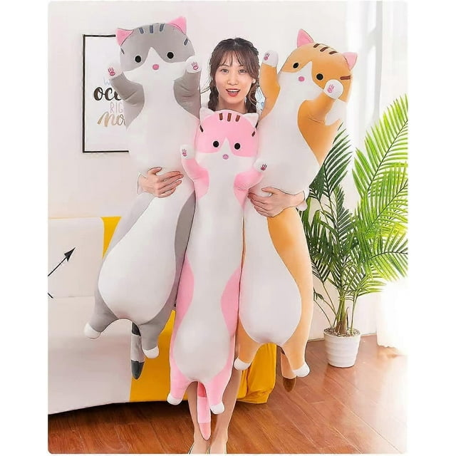 Cute Plush Cat Doll Cat Plush Pillow Doll Toy Soft Cat Stuffed Animals Long Pillow Toy Kitten Body Pillow Gift for Kids and Girlfriend(Gray,35.4").