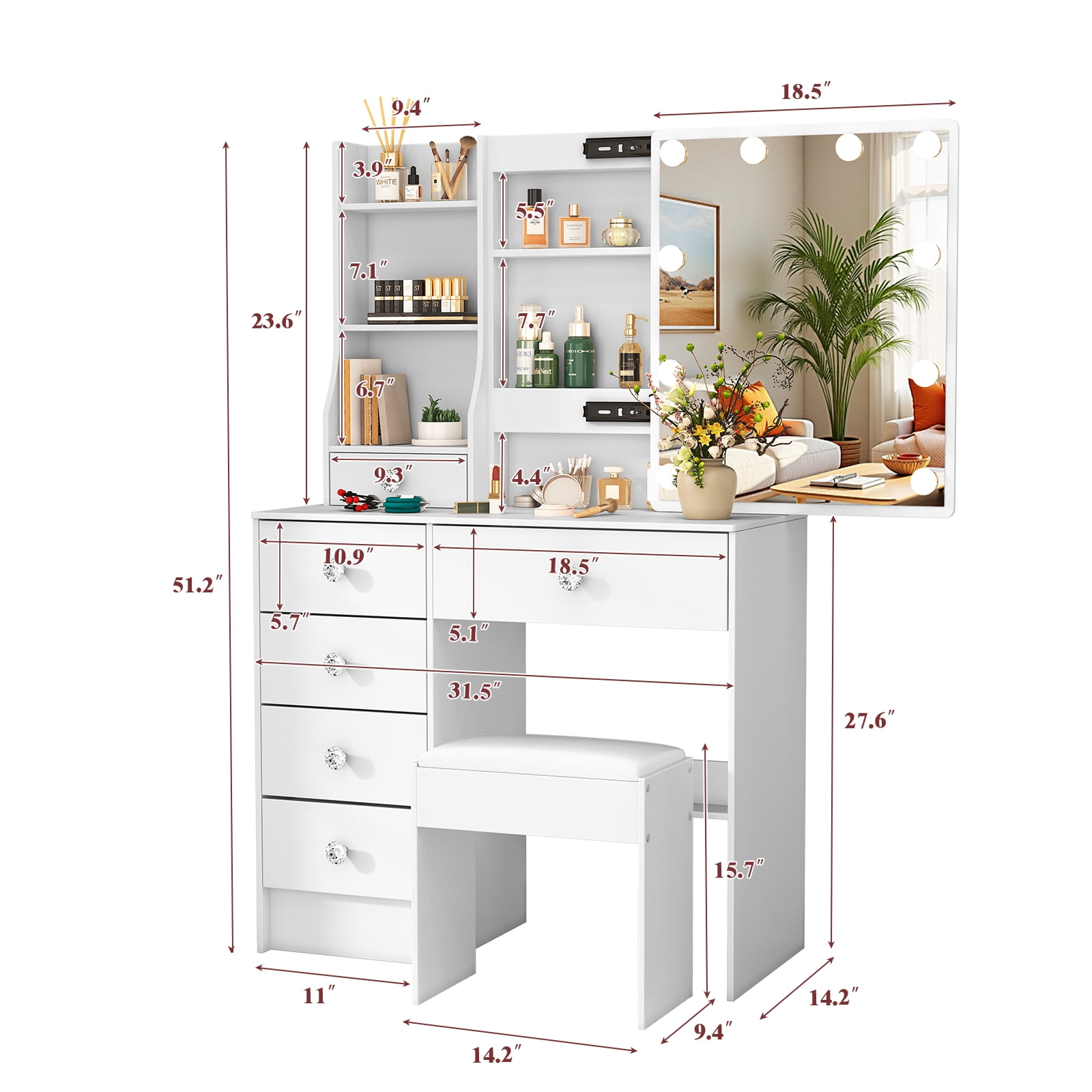 Caulitar Vanity Set with Mirror & Lights, Adjustable Brightness, Makeup Vanity with Chair and Storage, White