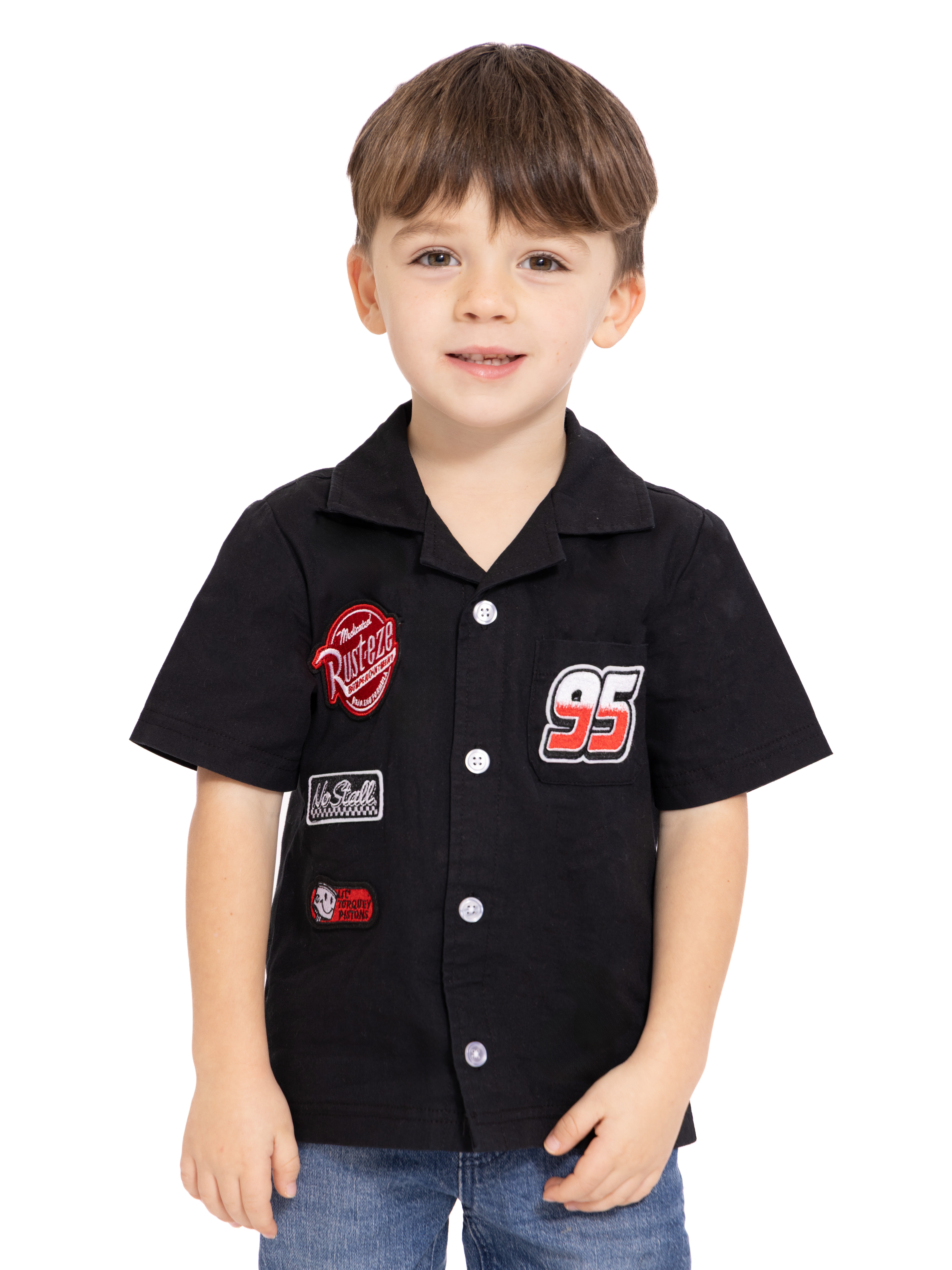 Disney Pixar Cars Toddler Boys Short Sleeve Cotton Button Down Shirt with Patches, Sizes 12M-5T