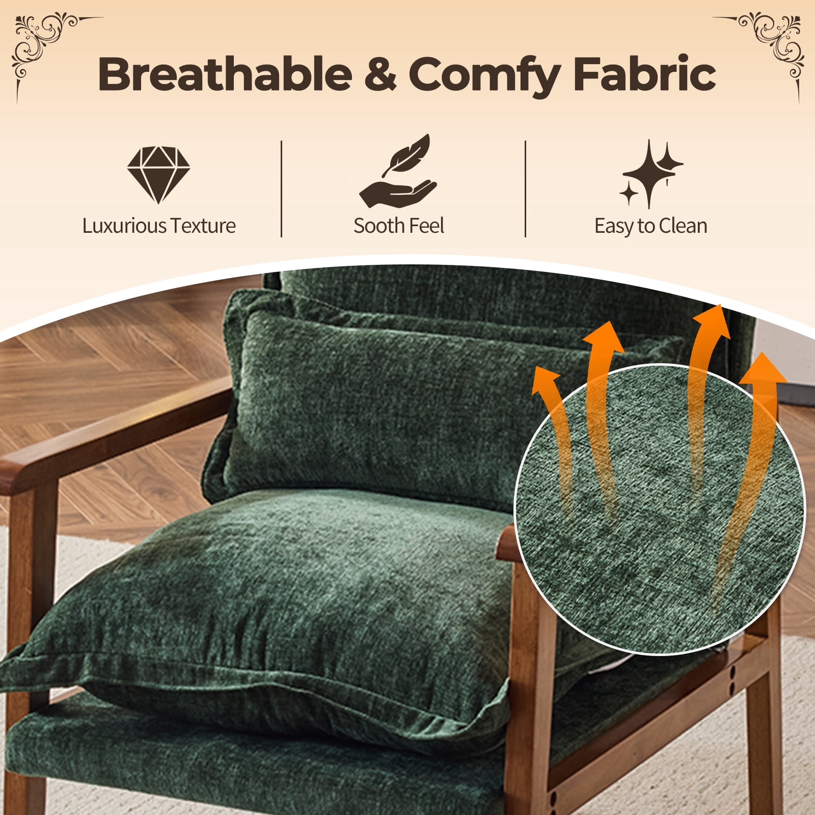 Cloud Shaped Dark Green Chenille Accent Chair, Solid Wood Frame with Walnut Armrest, Ergonomic Single Leisure Sofa Chair with Lumbar Pillow for Bedroom Living Room Office