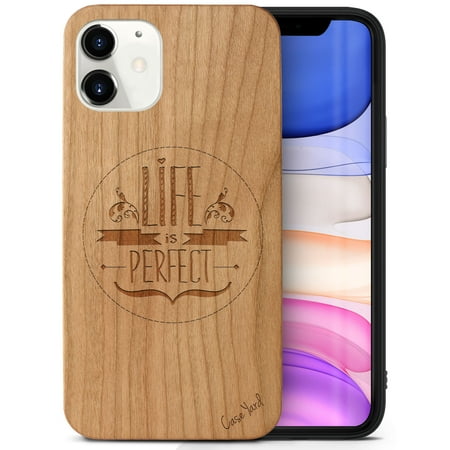 Case Yard Wooden Case Outside Soft TPU Silicone  Slim Fit Shockproof Wood Protective Phone Cover for Girls Boys Men and Women  Supports Wireless Charging Life is Perfect Design case for iPhone-12-Mini