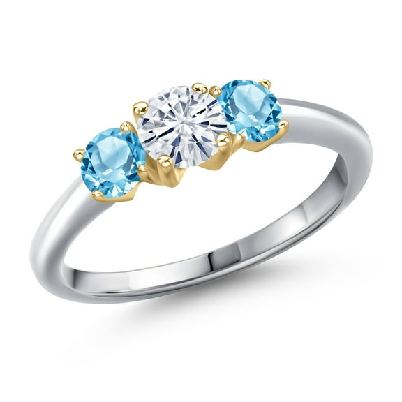 Gem Stone King 925 Silver and 10K Yellow Gold White Moissanite and Swiss Blue Topaz Engagement Ring for Women | 1.21 Cttw | Round 5MM | Gemstone Birthstone | Size 9