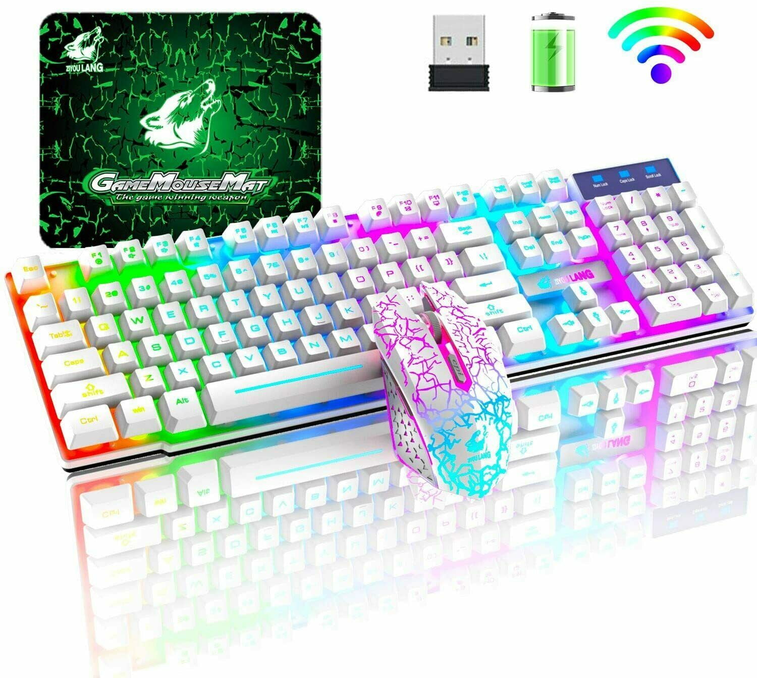 USB Wireless Waterproof Rechargeable Luminous Ergonomic Gaming Keyboard Mouse 