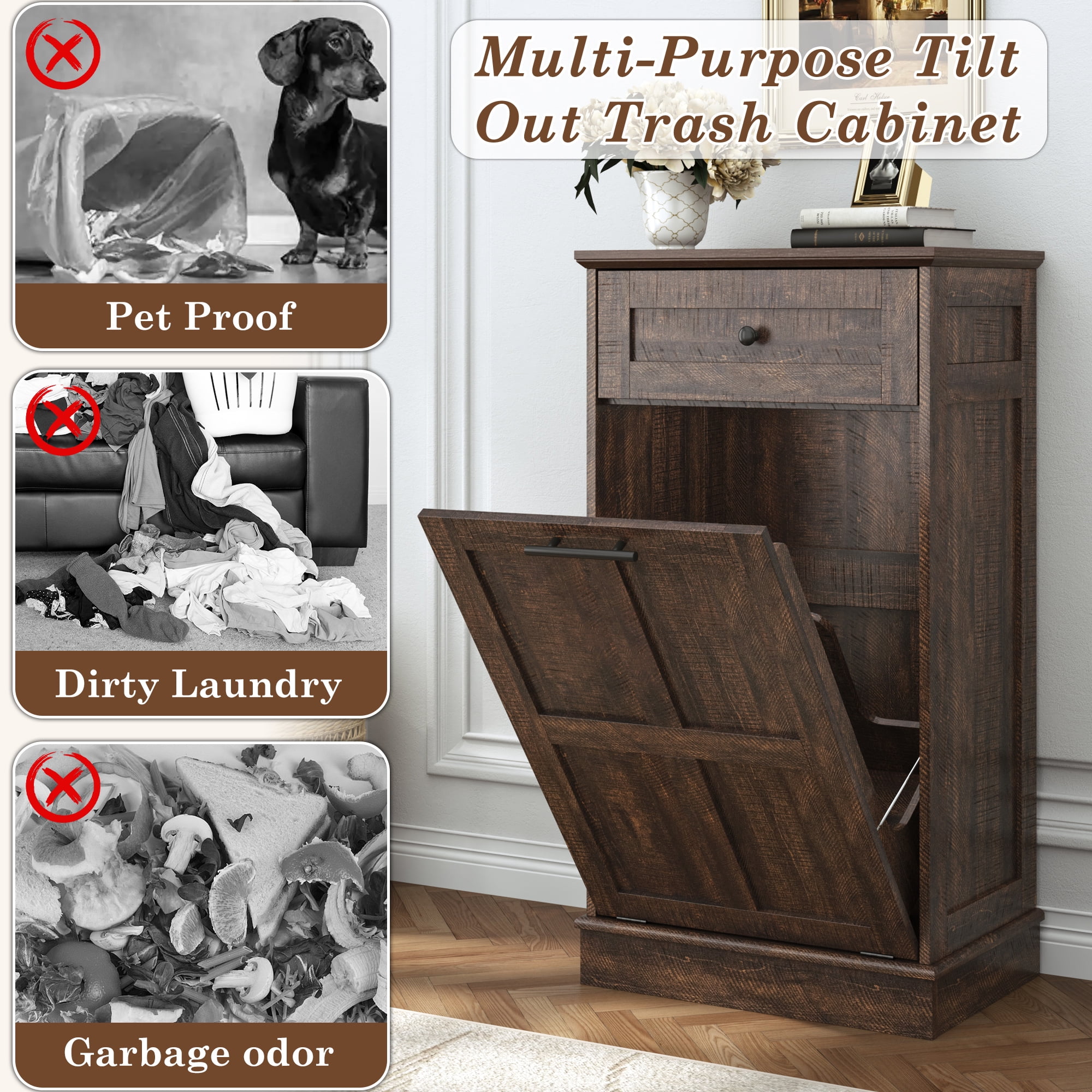 Blotout 13 Gallon Tilt Out Trash Cabinet, Hidden Wooden Trash Can with Drawer, Pet Proof Freestanding Kitchen Recycling Cabinet for Kitchen, Kitchen, Living Room