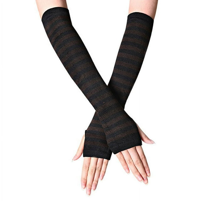Zhuge Guantes largos sin dedos a rayas para mujer, calentadores de brazos tejidos de invierno para punk rock, cosplay, gótico y fiestas navideñas, marrón y negro
