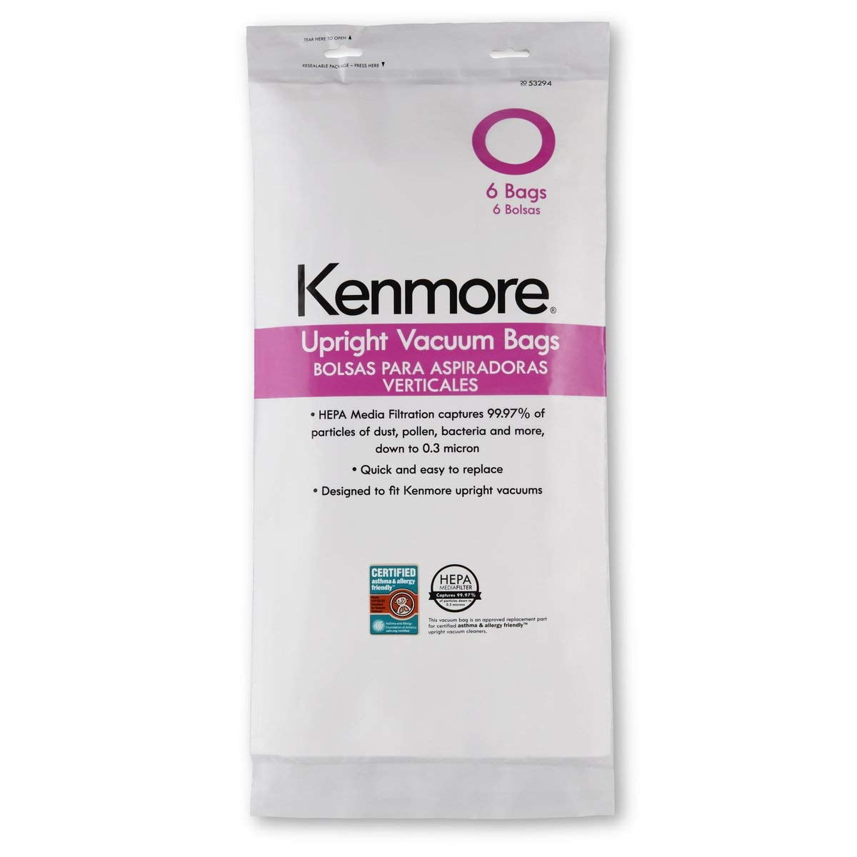 Kenmore 53294 Style O HEPA Cloth Vacuum Bags for Kenmore Upright Vacuum Cleaner 