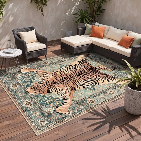 DEORAB Outdoor Rug 8'X10' Chenille Patio Carpet Washable Non Slip Three-Layer Material Animal Print Rug Camping Outside RV Mat,Green
