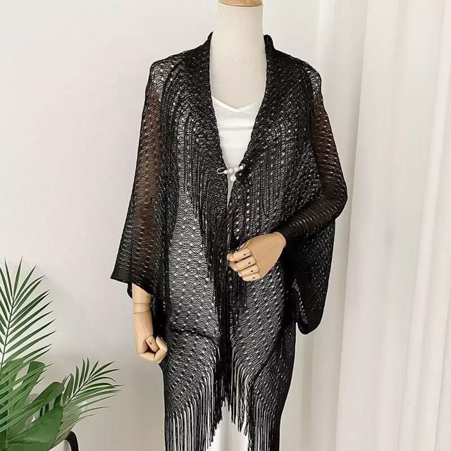 Chal de seda dividido para mujer, vestido de cena fino, borla decorativa, bufanda hueca protectora solar