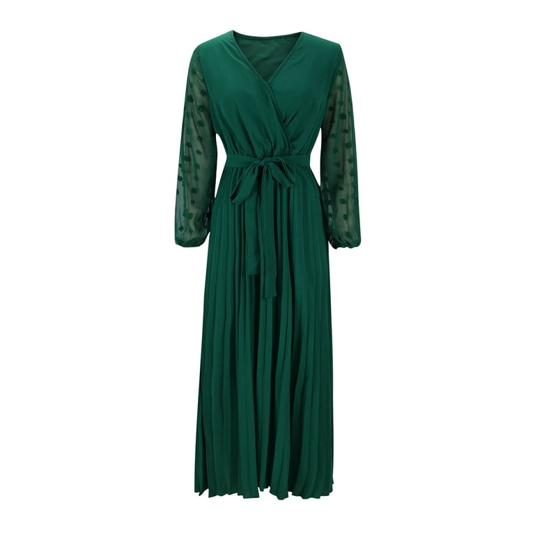 SMihono Deals Spring and Fall Plus Size Women's Pleated Skirt V-Neck  Elastic Waist Belted Semi-Sheer Long Sleeve Dress Green 12 - Walmart.com