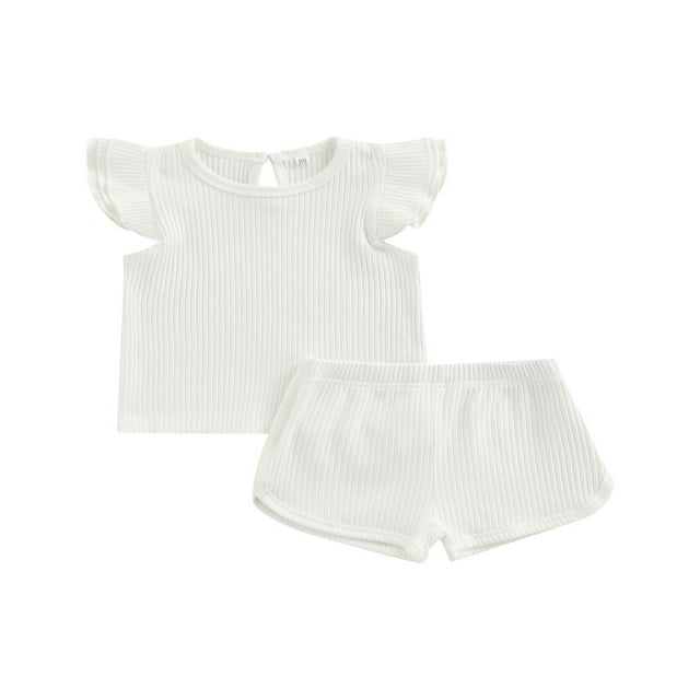Newborn Baby Girl Summer Clothes Ribbed Sleeveless Top Elastic Short Pants 2Pcs Set White 3-6 Months