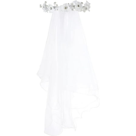 Girls First Communion Veil with Floral Crystal Wreath Headpiece, White, 24 inches