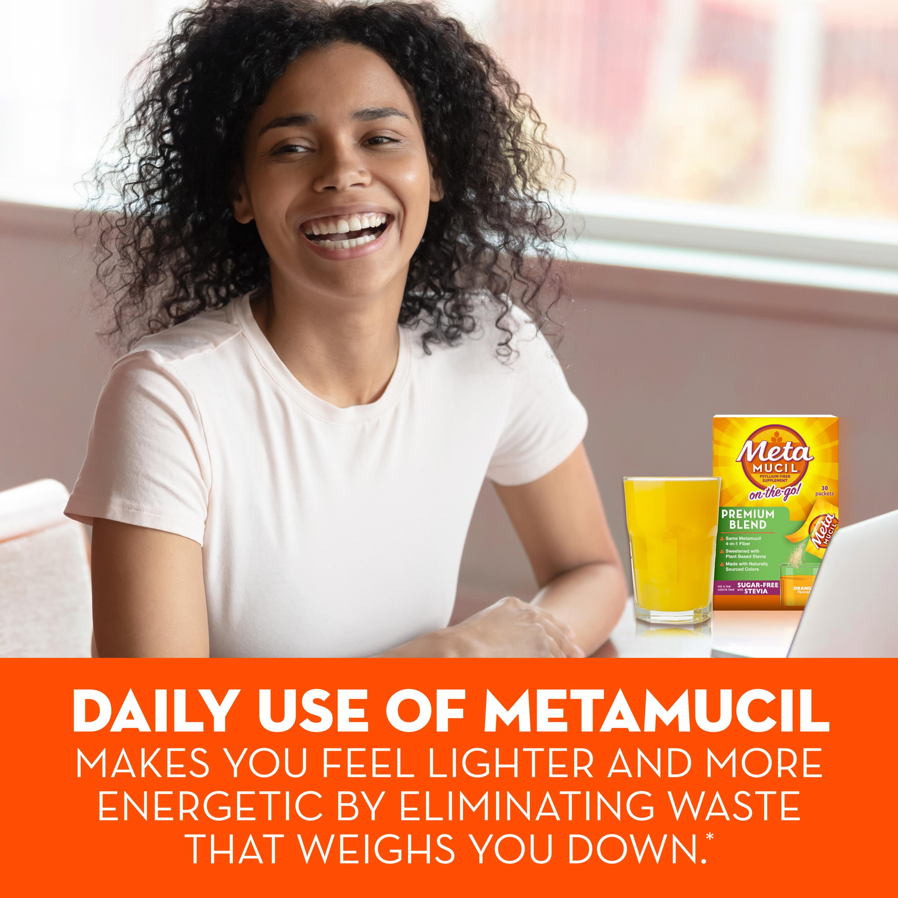 Metamucil On-the-Go, Premium Blend, Psyllium Fiber Powder Supplement, Sugar-Free with Stevia, Orange Flavor, 30 Packets