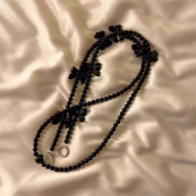 Time Crossbody Pearl Bow Heart Long Chain Suitable For Phone Case Hanging Rope single Shoulder Hanging Rope Decoration black Other