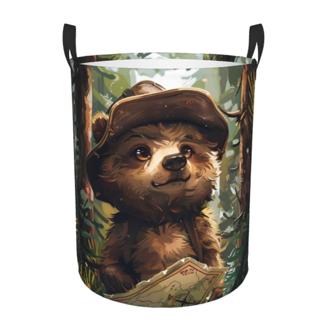 Balery Jungle Hat Bear Cesta de ropa redonda con asas, impermeable, independiente, para ropa, juguetes, dormitorio y familia-Small