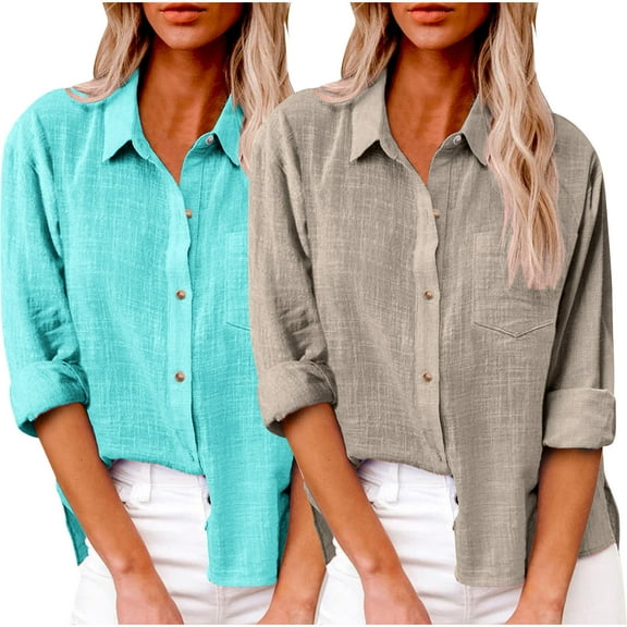 Hicidod Womens Cotton Linen Button Down Shirt 2 Pack Spring Casual Long Sleeve Solid Shirts Loose Work Tops with Pockets