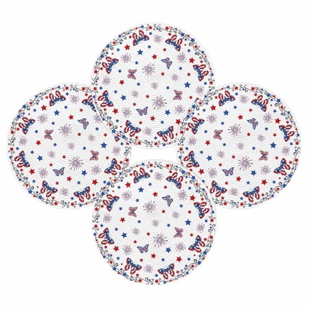 4th of July Round Placemats Set of 4 Patriotic Butterfly Place Mats Independence Day Woven Placemat Red Blue Fireworks Circle Braided Table Mat for Kitchen Dining Table Party Home Decor 15 Inch