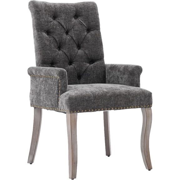 Tufted Dining Chairs with High Back,Neutral Fabric Upholstered Kitchen Chair Rustic Solid Wood Legs,Farmhouse Side Chair with Arms Nailhead Trim for Dining Room (Neutral Grey, 1PC)
