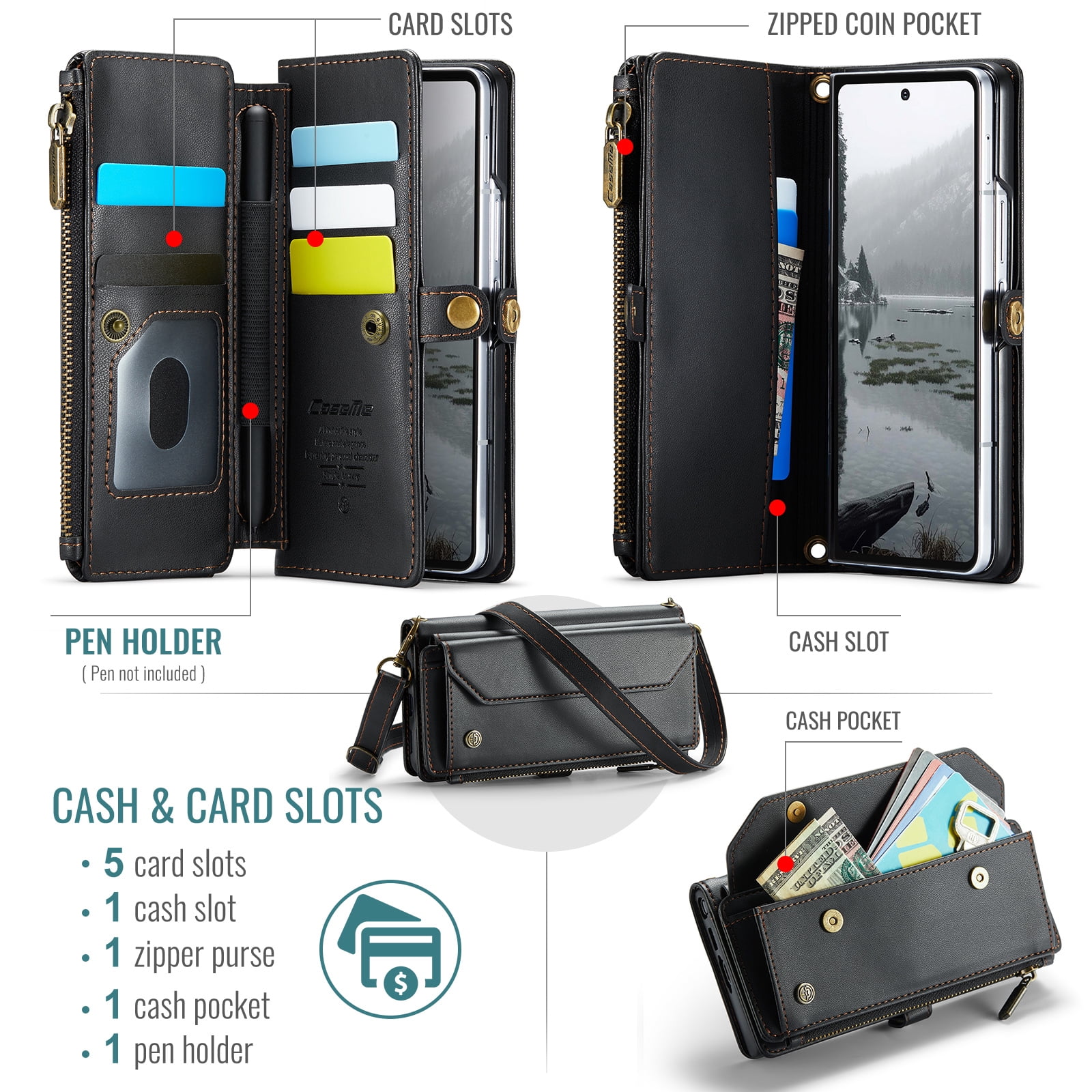 Asuwish Compatible with Samsung Galaxy Z Fold 7 5G 2025 Zipper Wallet Phone Case With pen slot Crossbody Lanyard Strap Flip Card Holder Slot Cell Cover for ZFold7 Z7 G Fold7 7Z Women Girls Black