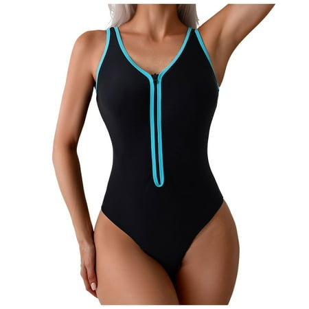 FULORRNIE Women s Athletic One-Piece Swimsuit with Front Zipper Accent  Contrast Stitching & V-Neck for Competitive Swimming  Black  L