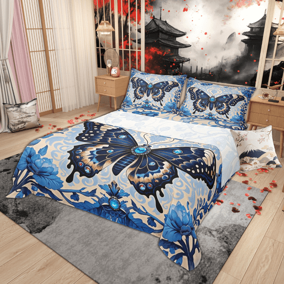 Manfei Chic Butterfly Sheet Set Twin, Bohemian Damask Mandala Bedding Sets Twin Size, Botanical Floral Flower Flat Sheet, Super Cozy Bedroom Decorative, 3pcs