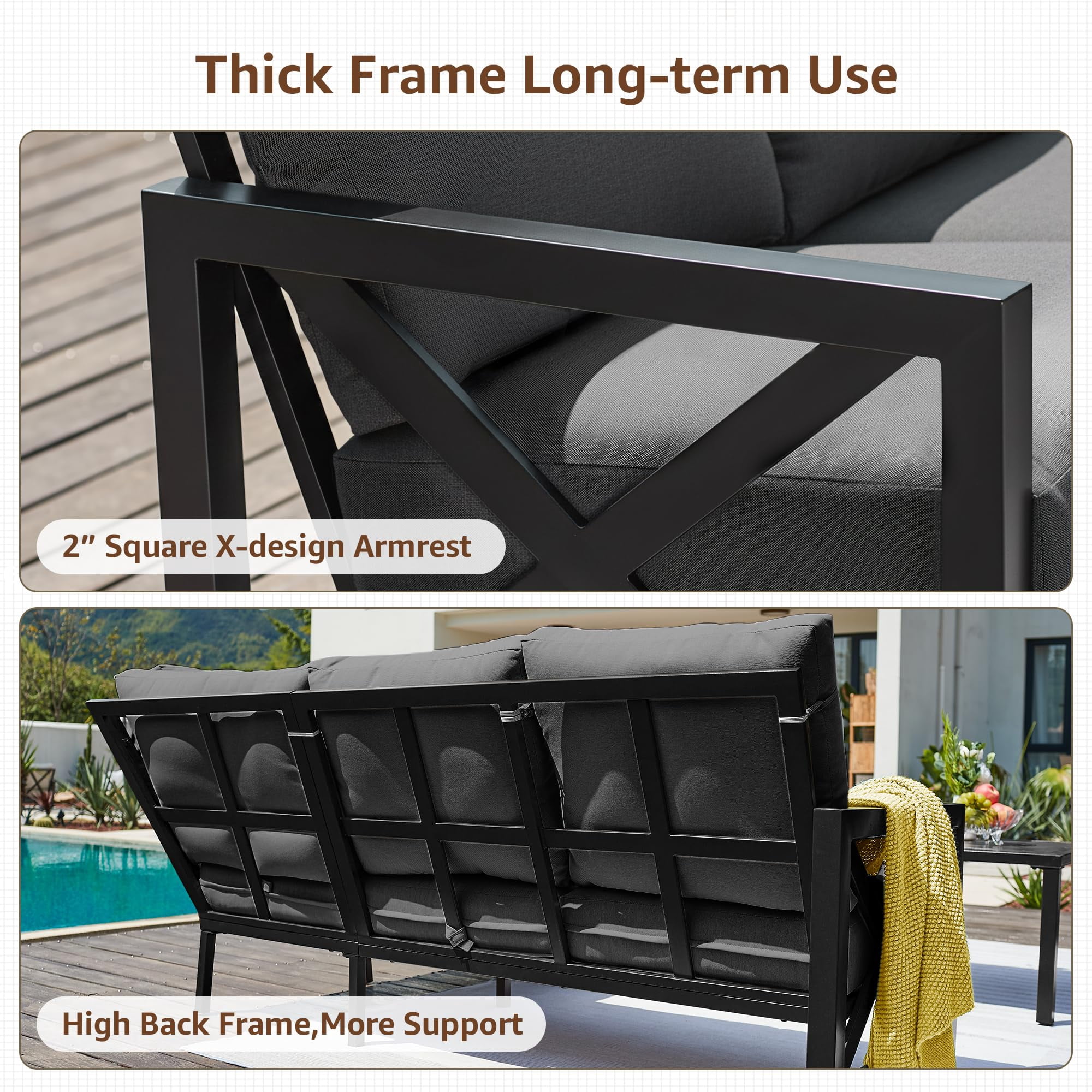 NATURAL EXPRESSIONS 6 Pieces Patio Furniture Sets, Metal Outdoor Sectional Furniture L Shape Patio Conversation Sets, Metal Table, Large Waterproof Cover, 6.5" Olefin Cushions,Dark Grey
