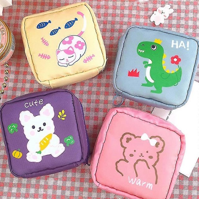 4pcs Menstrual Pad Bag, Zipper Sanitary Napkin Bag, Menstrual Cup Pouch, Cotton Sanitary Napkin Bag For Women (random Color) Kitten, Bear, Dinosaur, R