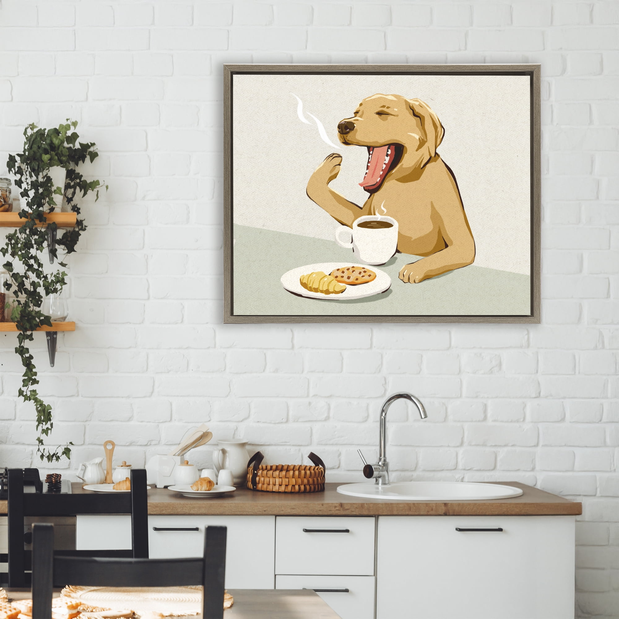 Stupell Industries Yawning Dog with Morning Coffee Brown Framed Floater Canvas Wall Art, design by Ziwei Li