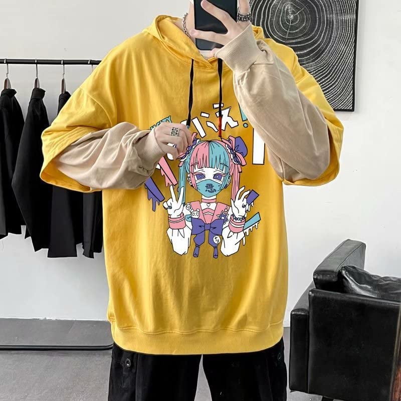 CoCopeaunt Men Y2K Harajuku Hoodie Kawaii Japanese Manga Aesthetic Fake Two  Piece Sweatshirt Anime Preppy Oversize Cute Pullover Tops 