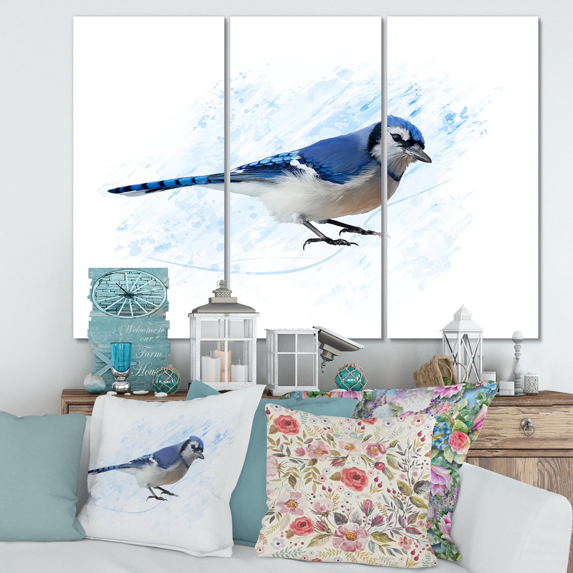 Designart ' Ancient Blue Jay Bird ' Traditional Canvas Wall Art Print