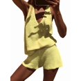 thumbnail image 3 of Women'S 2 Piece Outfits Deep V Neck Sleeveless Tank Tops and Shorts Summer Vacation Sets Yellow M, 3 of 7