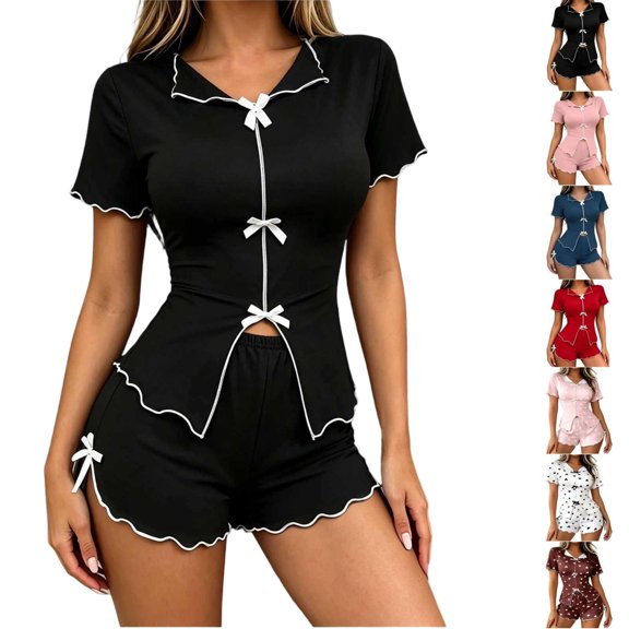 Tqcoqu Women's 2 Piece Pajama Set, Contrast Trim Bow Decor Short Sleeve Split Front Top & Elastic Waist Lettuce Trim Shorts, Soft Summer Loungewear Sleepwear Outfit Set,Black Women's S-XL