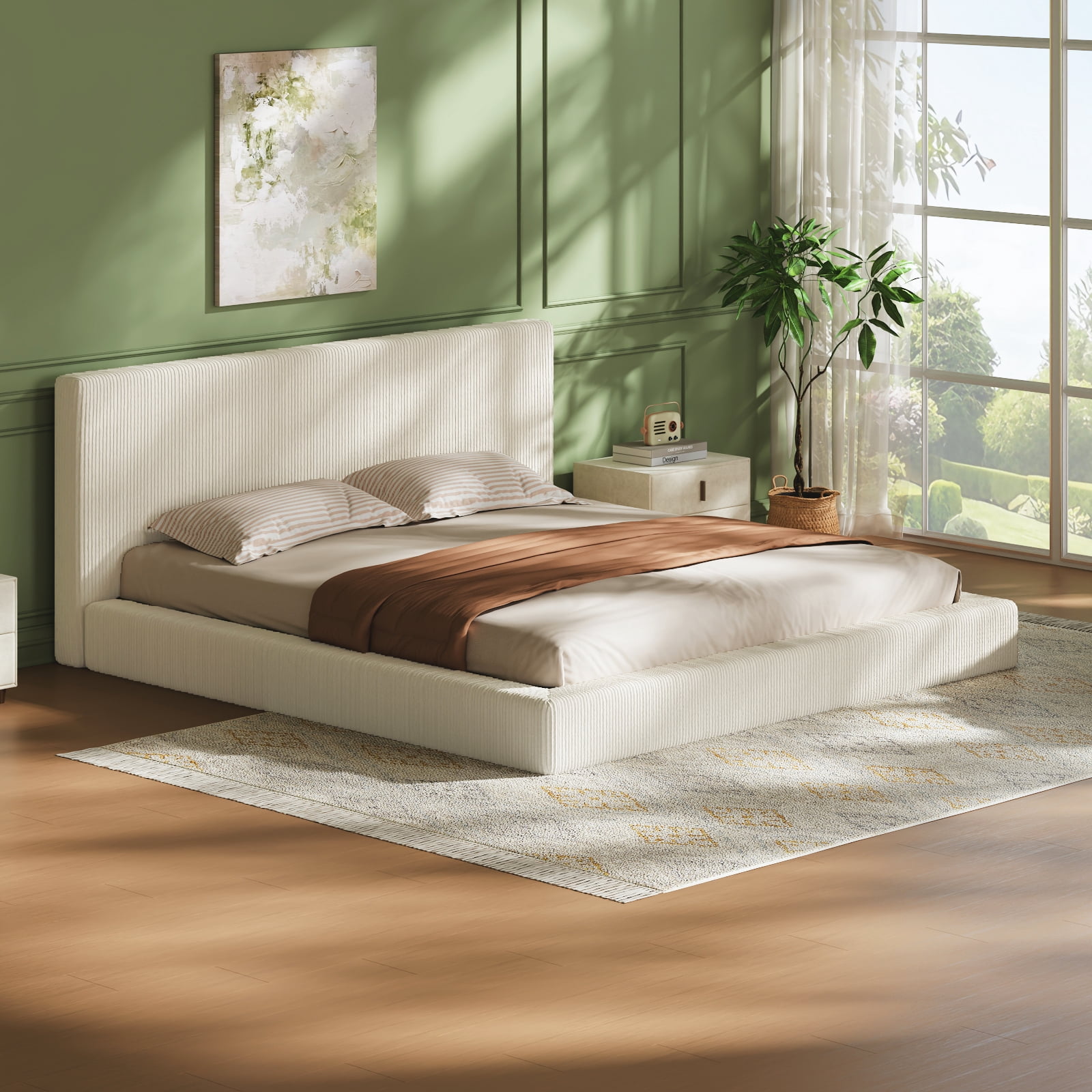 Garitin Bed Surround and King Size Upholstered Bed Frame, Corduroy Cushioned Bed Surround with High Density Sponge for Bedroom, Cream