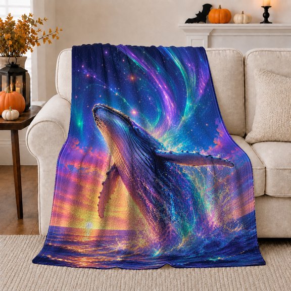 Humpback Whale Leaping Into Cosmic Aurora Night Sky, Mystical Coastal Landscape Scene, Warm Flannel Blanket for Beach House and Living Room, Beach Lovers Housewarming Gift, Coastal Home Decor