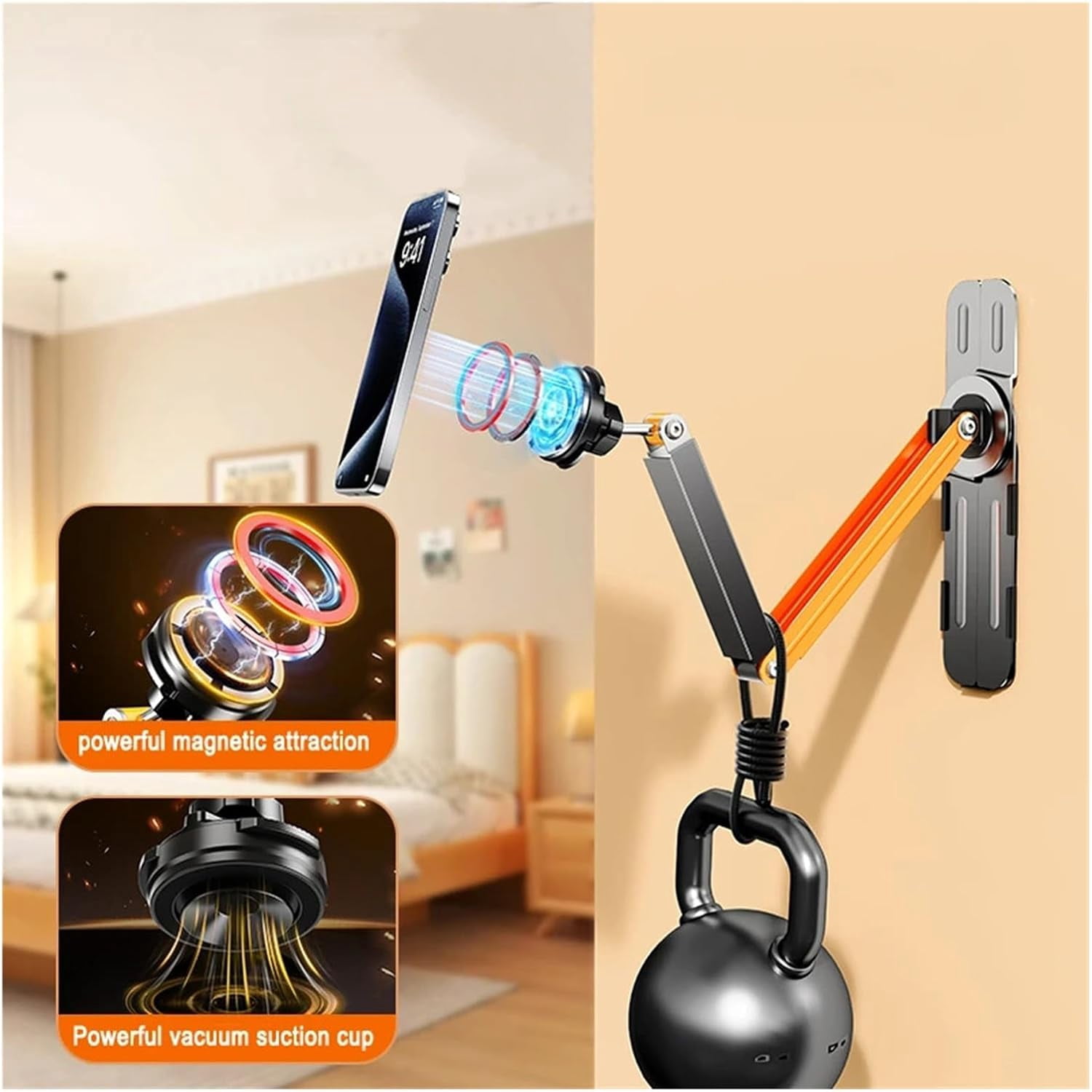 Magnetic Wall-Mounted Phone Holder, Magnetic Desktop Phone Holder Stand Clip, Magnet Stand for iPhone and Android compatible with Alloy Base (White Clip Holder)