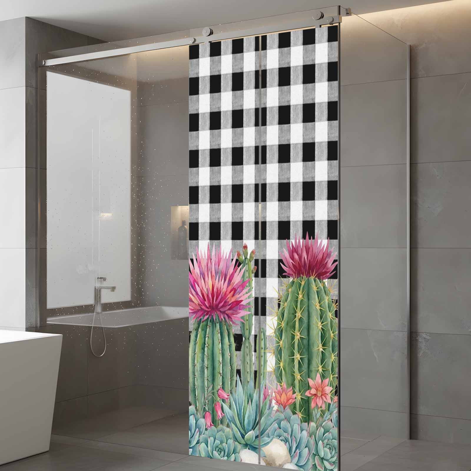 Summer Botanical Window Privacy Film, Tropical Saguaro Opuntia Green Cactus Black Plaid Frosted Glass Window Clings Static Cling UV Heat Blocking Reusable Door Sticker for Bathroom 23.6 x 59 Inch