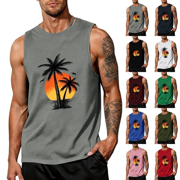 Yifymode Mens Sleeveless Tank Tops Graphic Workout Gym Shirts Palm Tree Vintage Style T-Shirt